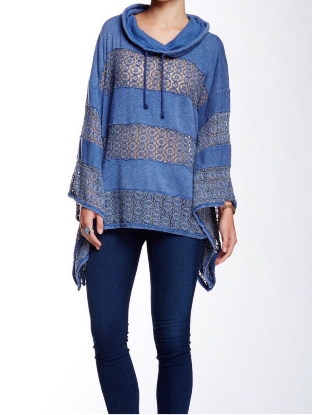 Free People Blue Lace Hooded Poncho Sweater Boho Oversized Medium